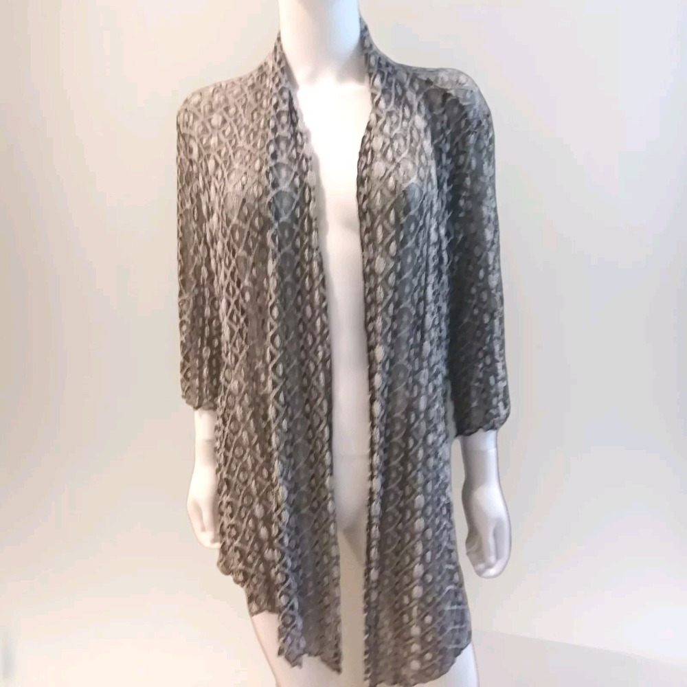 CHICO'S Cardigan Open size 2 or Large  Black White Mesh Stretch Net Sheer Hi Lo